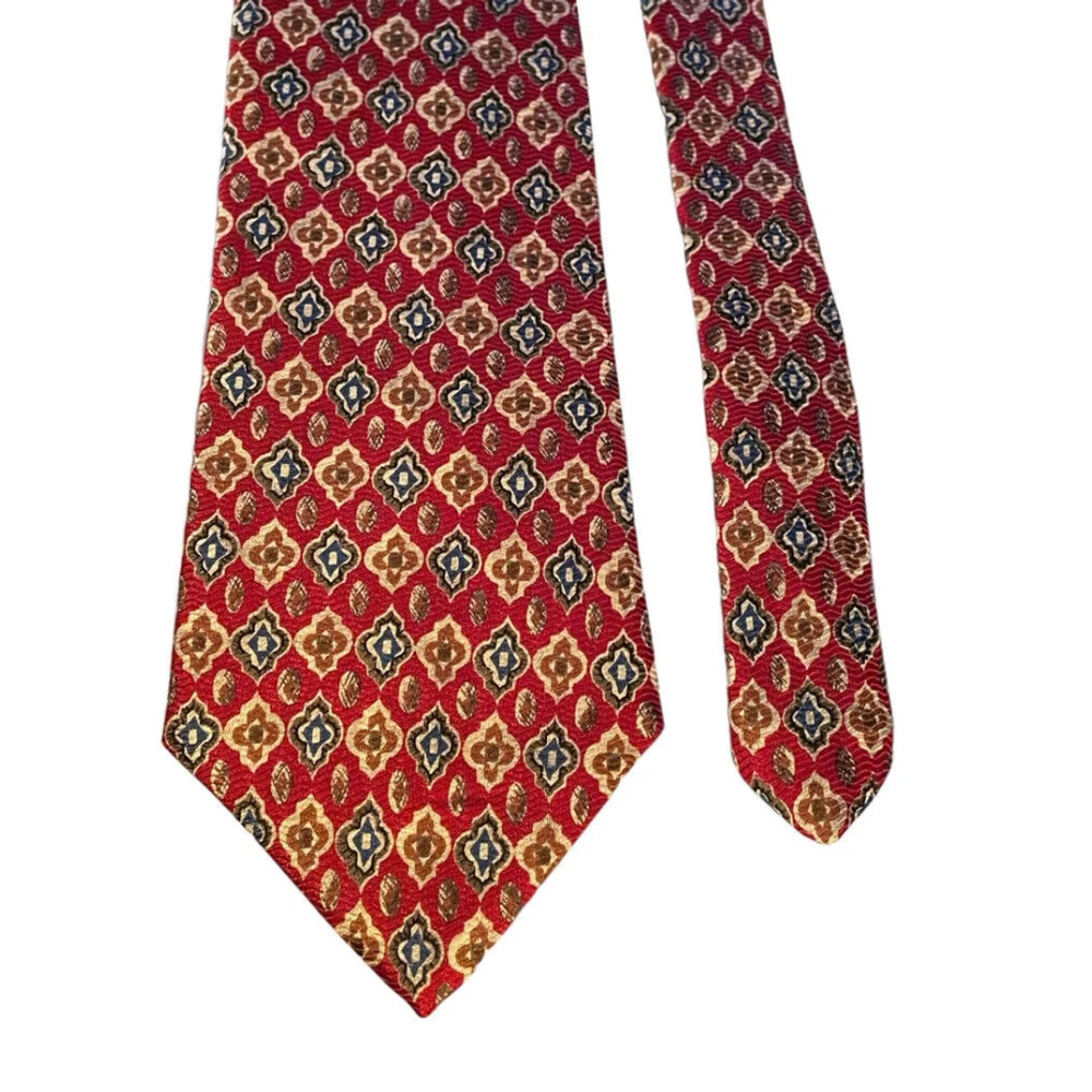 Brooks Brothers Makers Patterned Silk Neck Tie‎ Made In USA Cranberry Red Blue